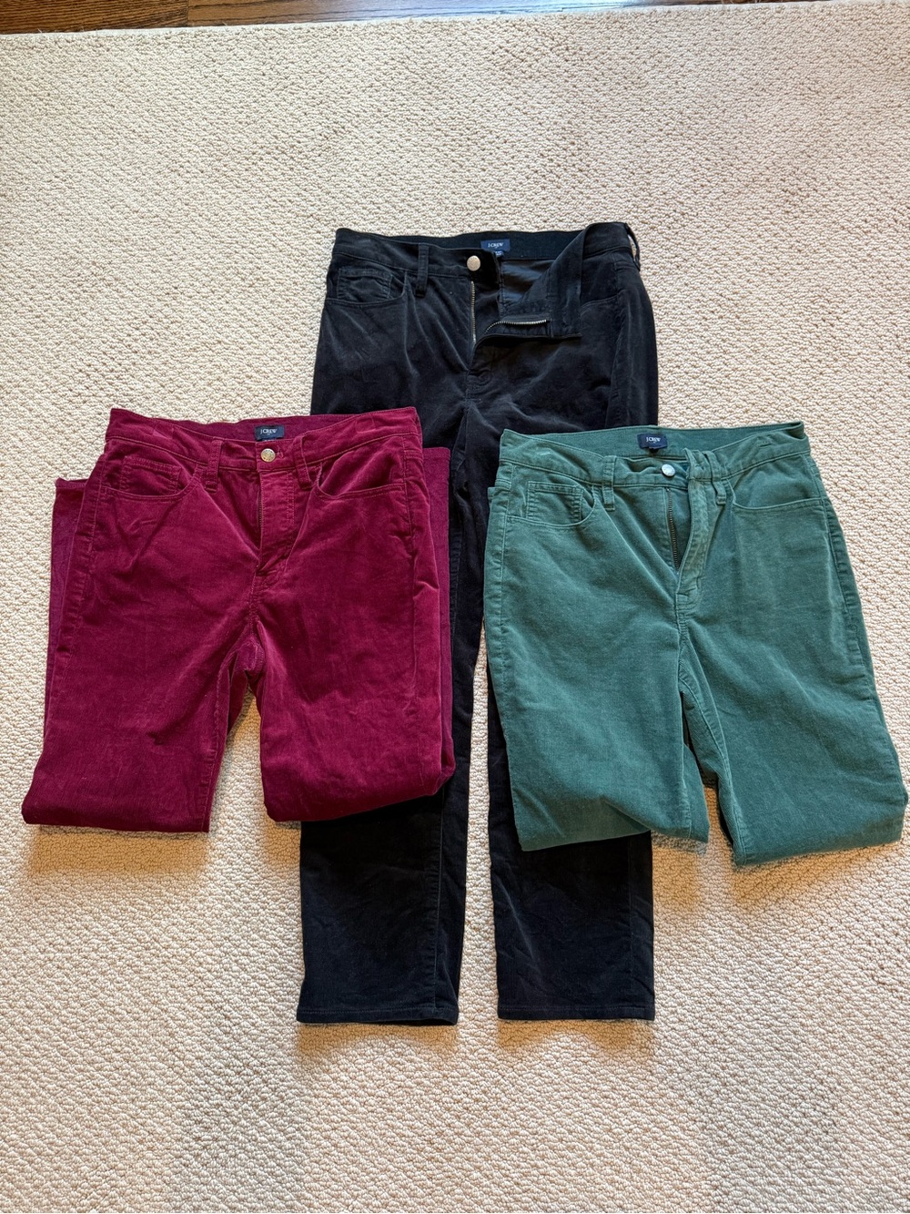 J. Crew Women’s Corduroy Pants Bundle in Black, Burgundy, and Green